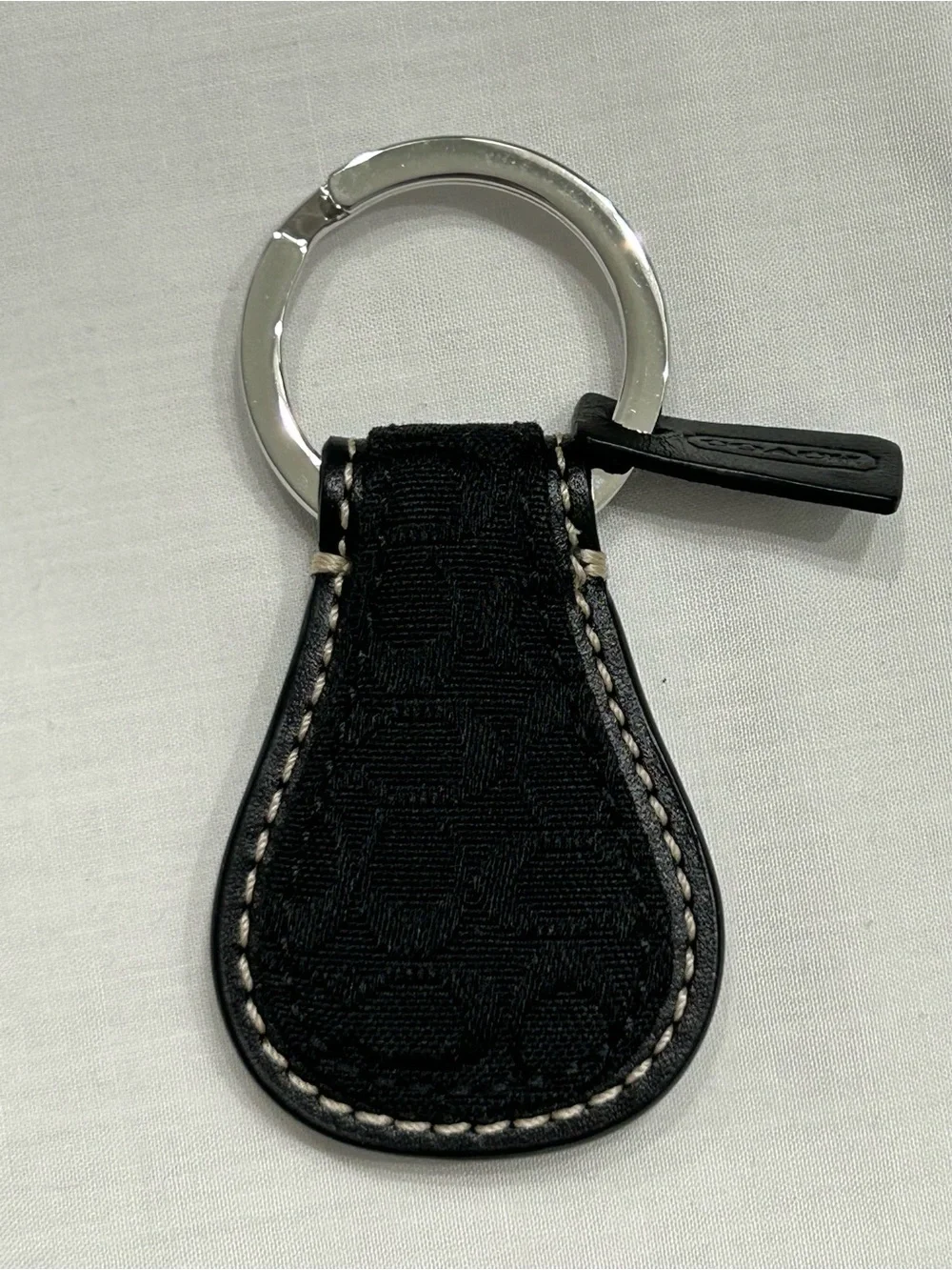 Vintage Coach Black Fabric and Leather Key Fob with Silver Ring